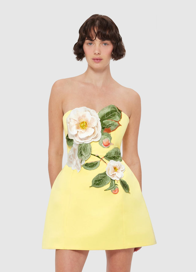 Exclusive Leo Lin Rosario Appliqué Floral Bustier Mini Dress in Sorbet Yellow