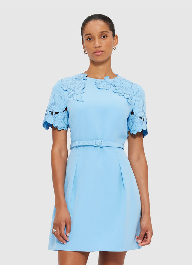Exclusive LEO LIN Aurélie Appliqué Short Sleeve Mini Dress in Cornflower Blue