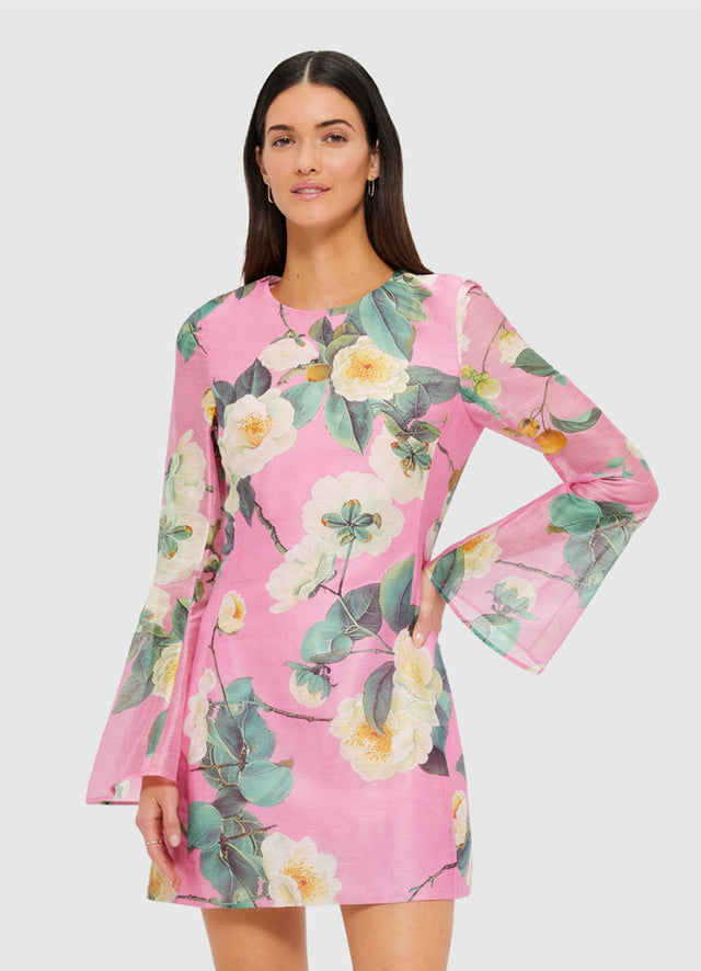 Exclusive Leo Lin Suzanne Bell Sleeve Mini Dress in Camelia Print