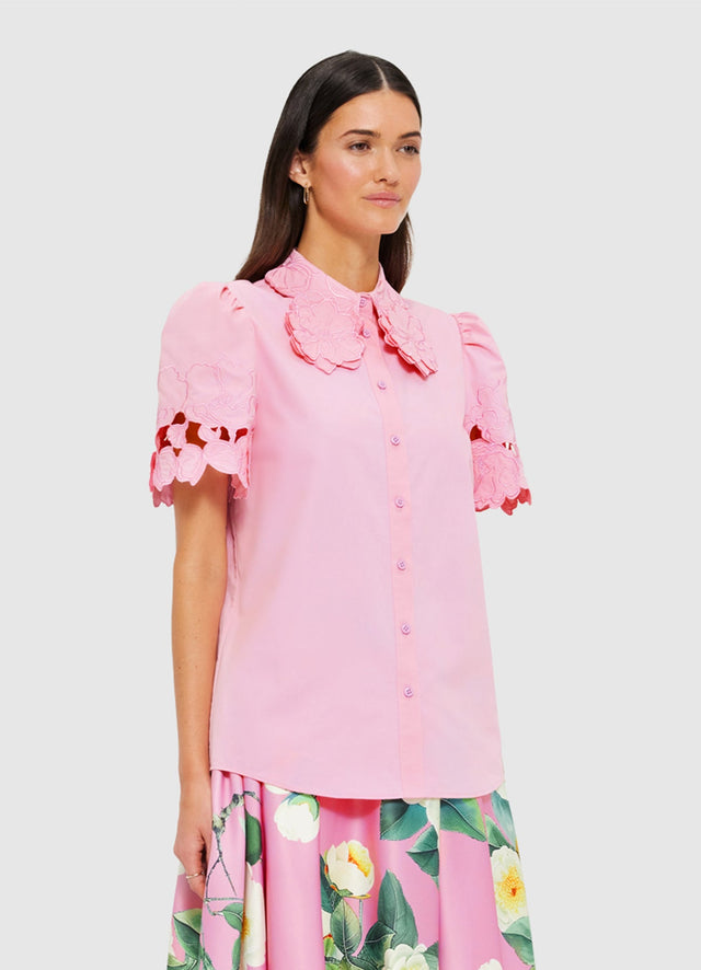 Exclusive Leo Lin Amélie Appliqué Shirt Top in Flamingo