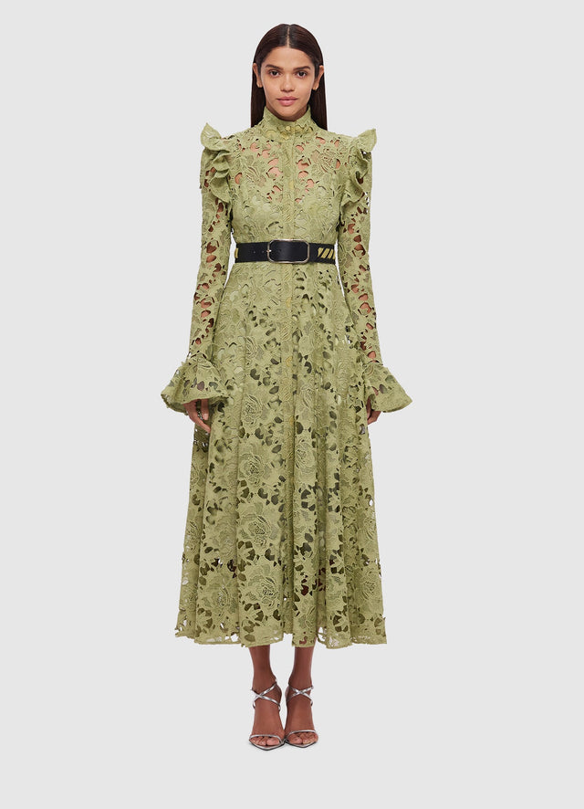 Exclusive Leo Lin Aliyah Lace Butterfly Sleeve Midi Dress in Olive
