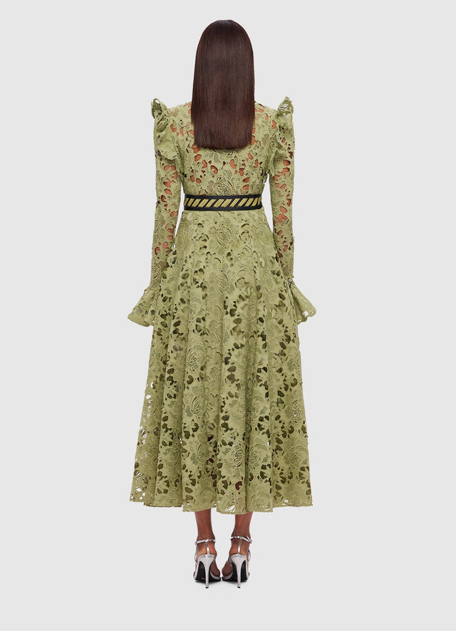 Exclusive Leo Lin Aliyah Lace Butterfly Sleeve Midi Dress in Olive