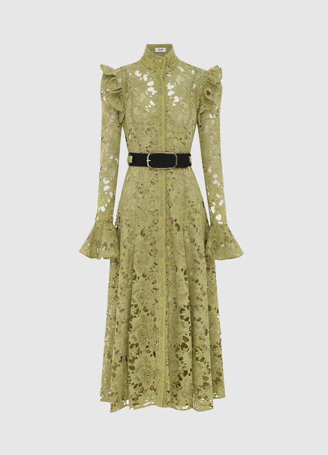 Exclusive Leo Lin Aliyah Lace Butterfly Sleeve Midi Dress in Olive