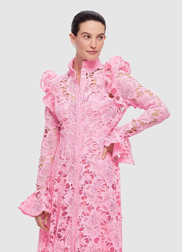 Exclusive Leo Lin Aliyah Lace Butterfly Sleeve Midi Dress in Candy Pink