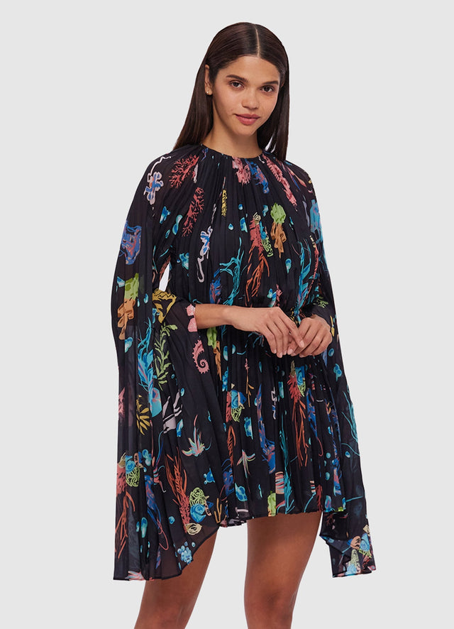 Exclusive Leo Lin Evelyn Bell Sleeve Mini Dress in Twilight Print in Black 