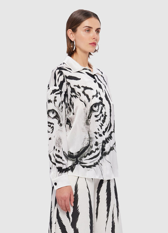 Exclusive Leo Lin Tina Silk Shirt in Tiger Print in White