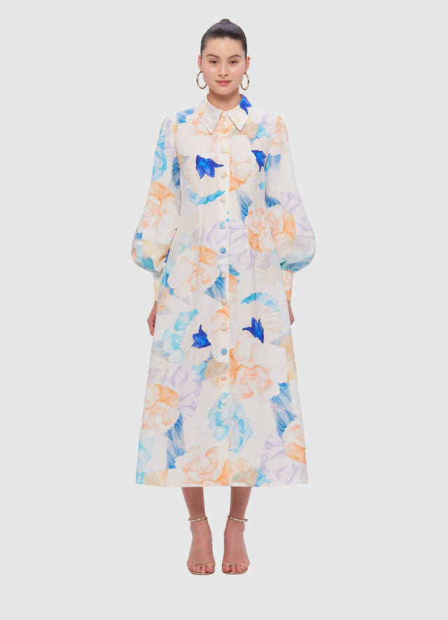 Exclusive Leo Lin Cecilia Linen Midi Dress in Rosebud Print in Cream