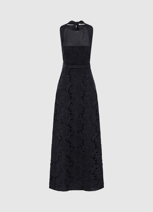 Exclusive Leo Lin Chantilly Lace Back Knot Dress in Ebony