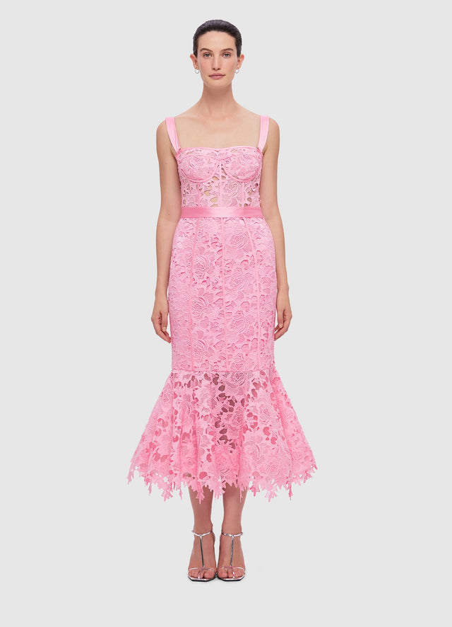 Exclusive Clover Lace Bustier Ruffle Midi Dress in Candy Pink from LEO LIN