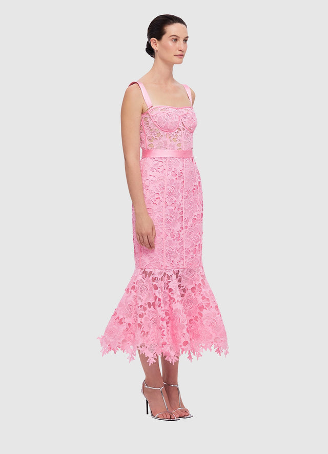 Exclusive Clover Lace Bustier Ruffle Midi Dress in Candy Pink from LEO LIN