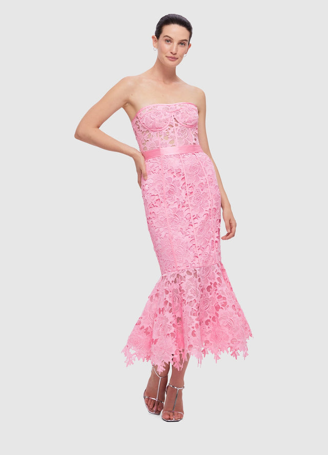 Exclusive Clover Lace Bustier Ruffle Midi Dress in Candy Pink from LEO LIN