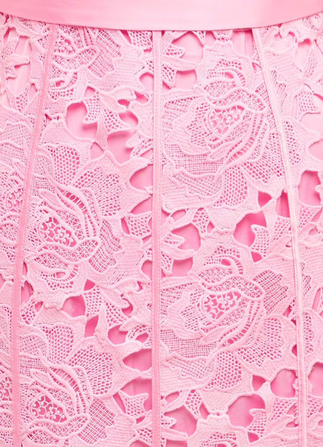 Exclusive Clover Lace Bustier Ruffle Midi Dress in Candy Pink from LEO LIN