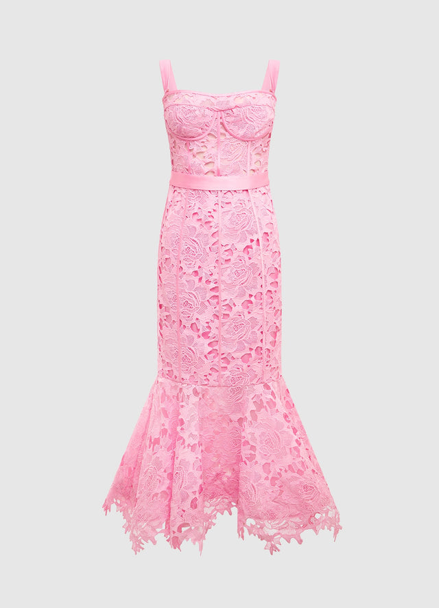 Exclusive Clover Lace Bustier Ruffle Midi Dress in Candy Pink from LEO LIN