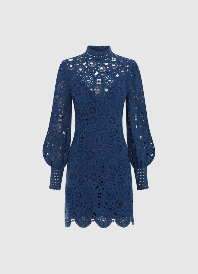 Exclusive Leo Lin Daisy Crochet Long Sleeve Mini Dress in Navy