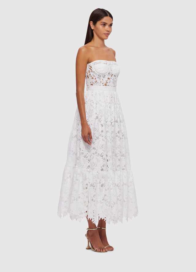 Exclusive Leo Lin Emilia Lace Bustier Midi Dress in Snow