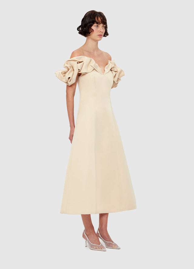Exclusive Leo Lin Annie Off Shoulder Frill Midi Dress - Champagne