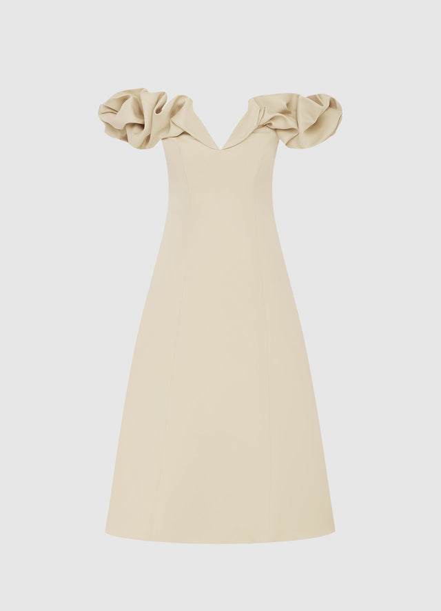 Exclusive Leo Lin Annie Off Shoulder Frill Midi Dress - Champagne
