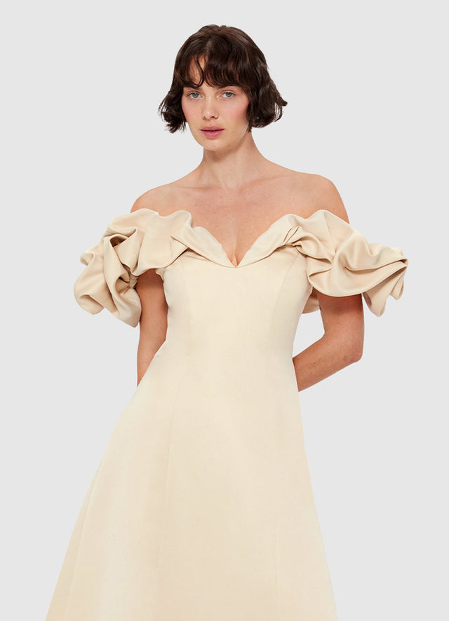 Exclusive Leo Lin Annie Off Shoulder Frill Midi Dress - Champagne