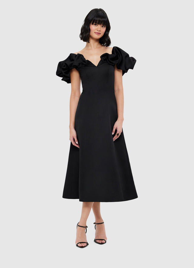 Exclusive Leo Lin Annie Off Shoulder Frill Midi Dress - Ebony