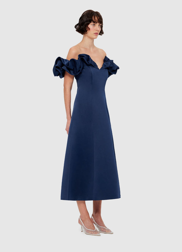 Exclusive Leo Lin Annie Off Shoulder Frill Midi Dress - Navy
