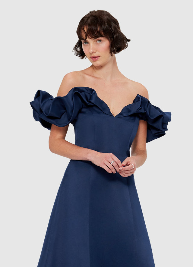 Exclusive Leo Lin Annie Off Shoulder Frill Midi Dress - Navy