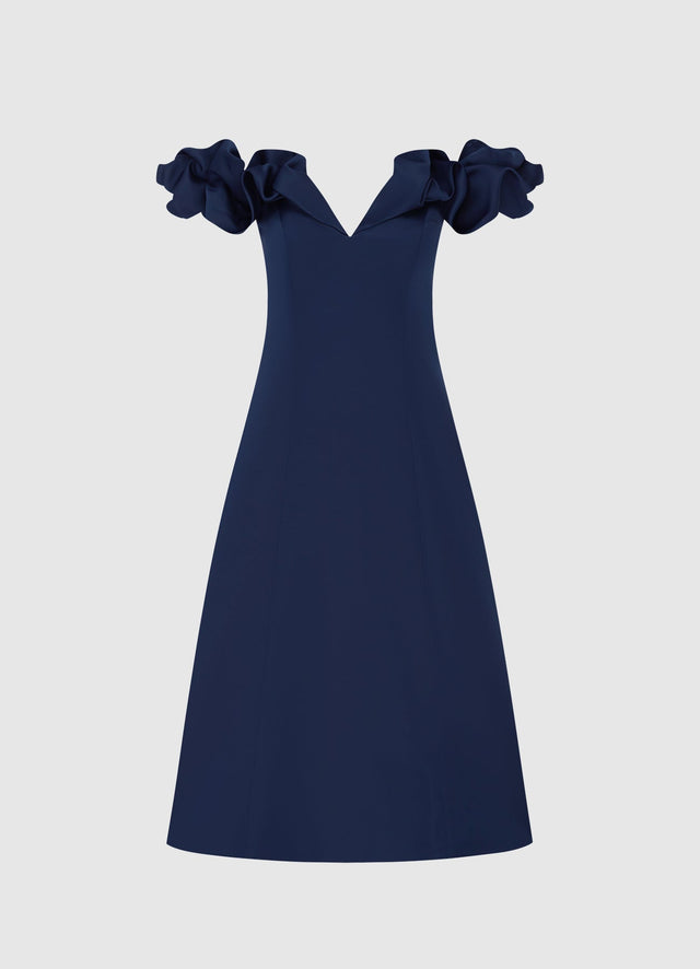 Exclusive Leo Lin Annie Off Shoulder Frill Midi Dress - Navy