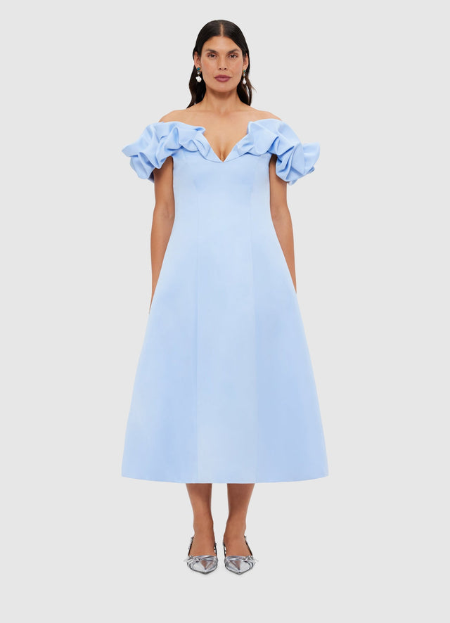 Exclusive Leo Lin Annie Off Shoulder Frill Midi Dress - Sky Blue