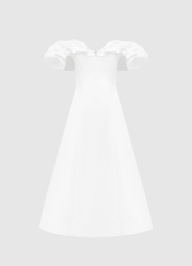 Exclusive Leo Lin Annie Off Shoulder Frill Midi Dress - Snow