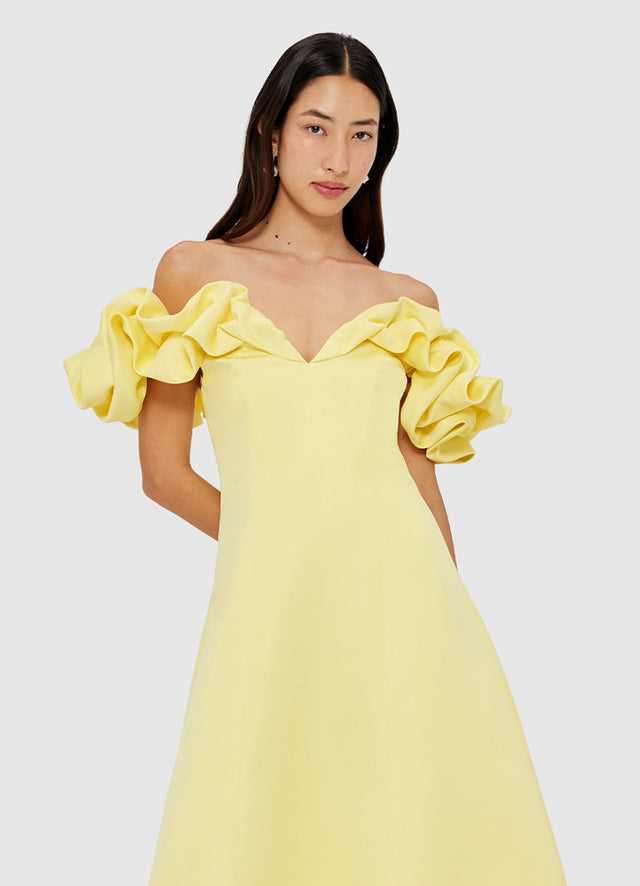 Exclusive Leo Lin Annie Off Shoulder Frill Midi Dress - Sorbet Yellow