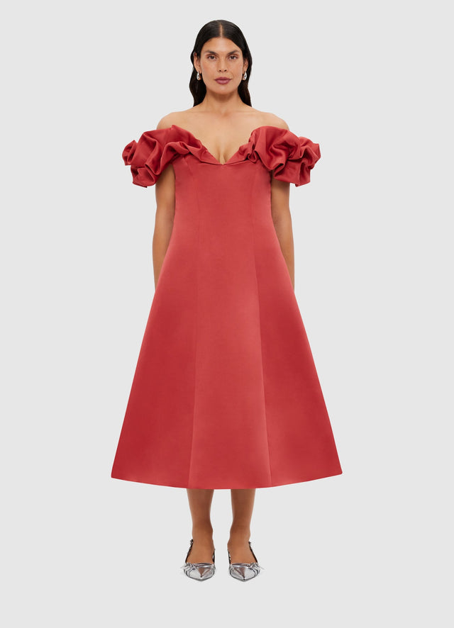 Annie Off Shoulder Frill Midi Dress - Mulberry