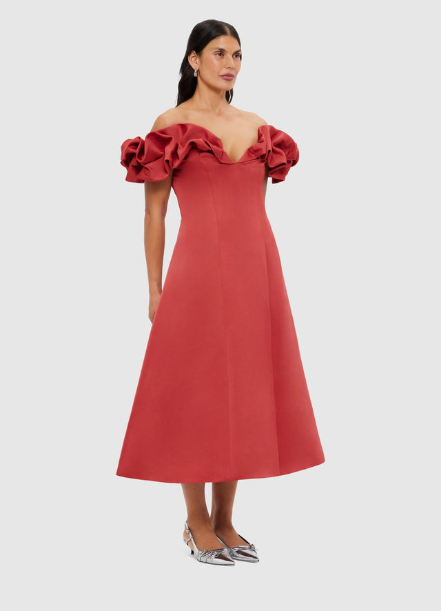 Annie Off Shoulder Frill Midi Dress - Mulberry