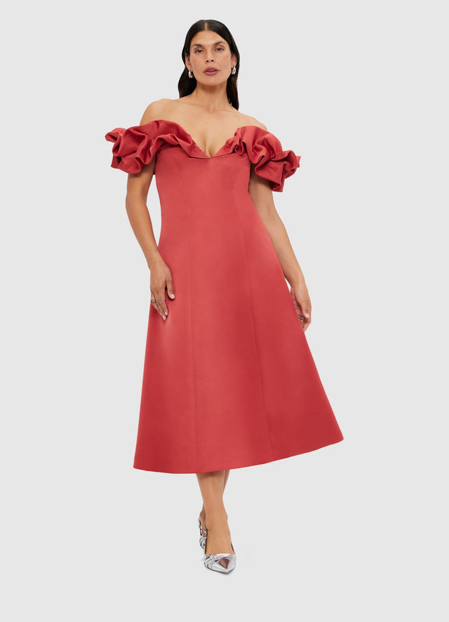 Annie Off Shoulder Frill Midi Dress - Mulberry
