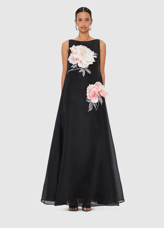 Exclusive Leo Lin Yumei Appliqué Floral Open Back Gown in Onyx