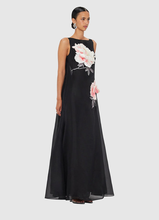Exclusive Leo Lin Yumei Appliqué Floral Open Back Gown in Onyx