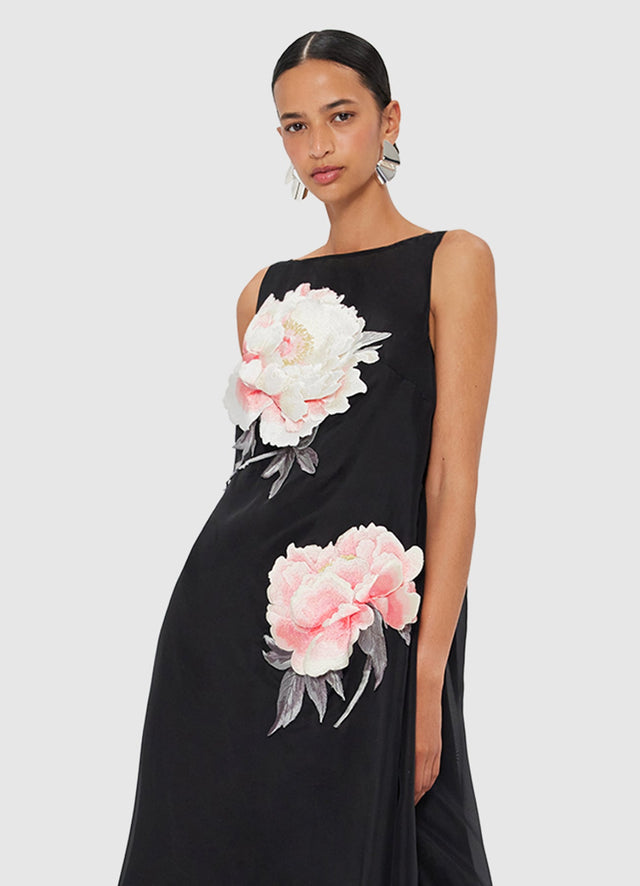 Exclusive Leo Lin Yumei Appliqué Floral Open Back Gown in Onyx