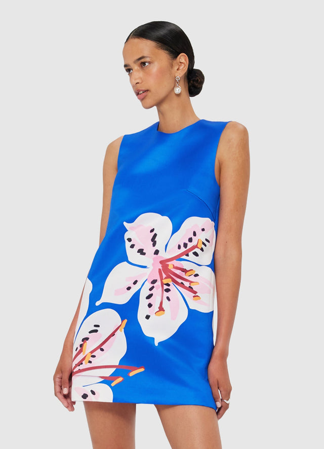 Exclusive LEO LIN Yvonne Mini Dress - Lily Print in Cobalt