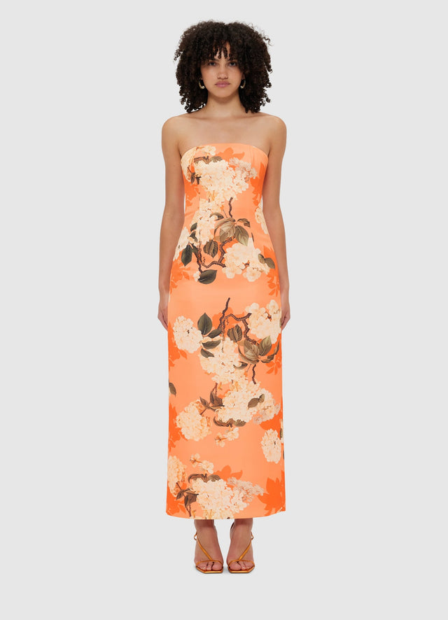 Exclusive Leo Lin Rayna Bustier Maxi Dress - Hydrangea Print in Tangerine