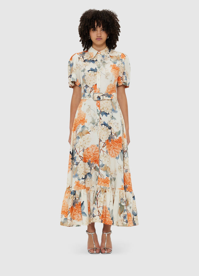 Exclusive Leo Lin Bianca Short Sleeve Midi Dress - Hydrangea Print in Vanilla
