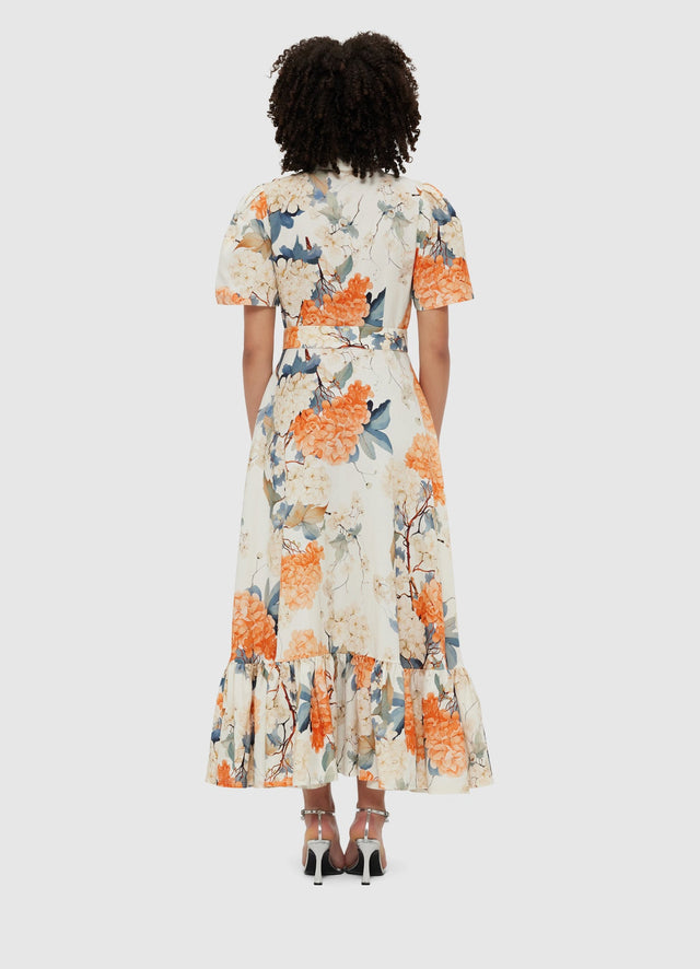 Exclusive Leo Lin Bianca Short Sleeve Midi Dress - Hydrangea Print in Vanilla