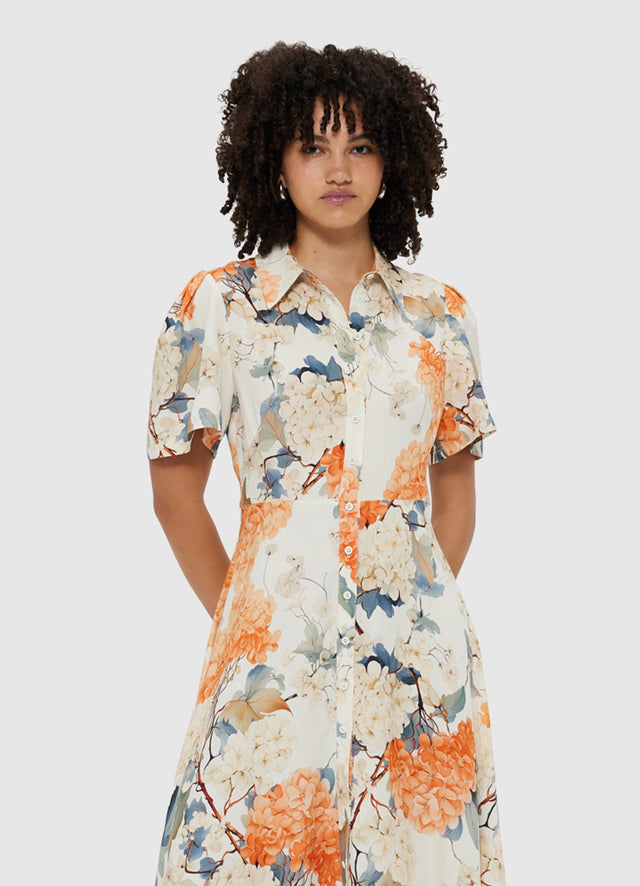 Exclusive Leo Lin Bianca Short Sleeve Midi Dress - Hydrangea Print in Vanilla