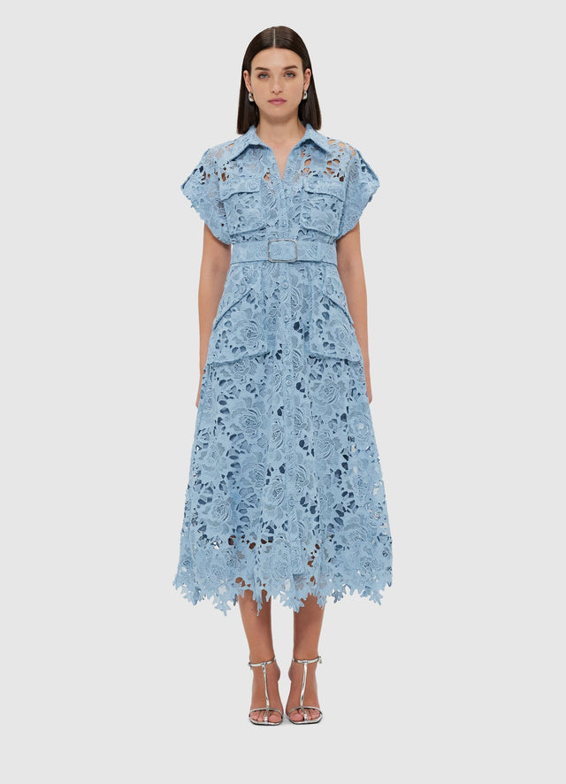 Exclusive Leo Lin Audrey Lace Pocket Shirt Midi Dress - Powder Blue