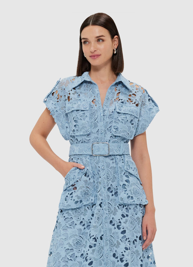 Exclusive Leo Lin Audrey Lace Pocket Shirt Midi Dress - Powder Blue