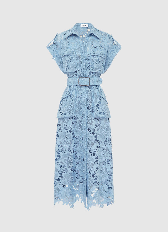 Exclusive Leo Lin Audrey Lace Pocket Shirt Midi Dress - Powder Blue
