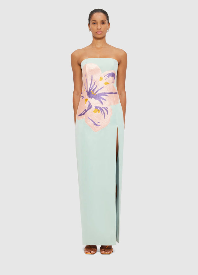 Exclusive Leo Lin Clémence Embroidered Split Maxi Dress in Hibiscus in Pistachio