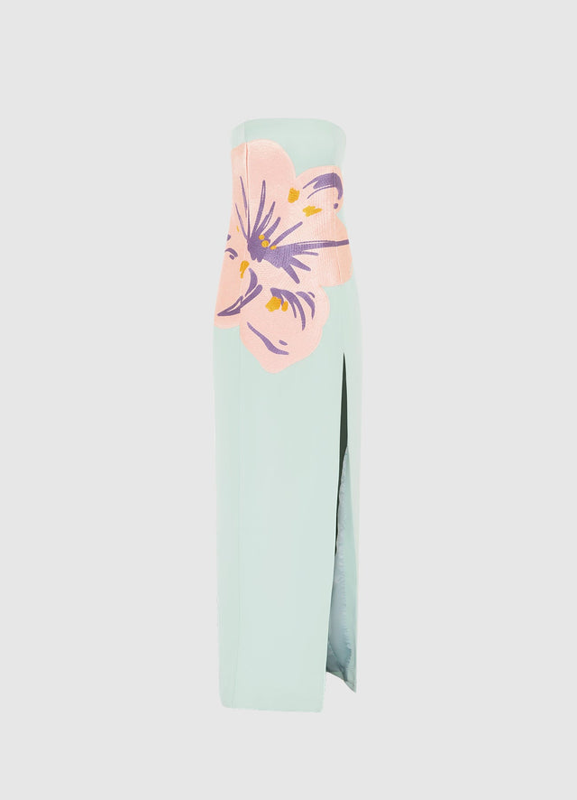 Exclusive Leo Lin Clémence Embroidered Split Maxi Dress in Hibiscus in Pistachio