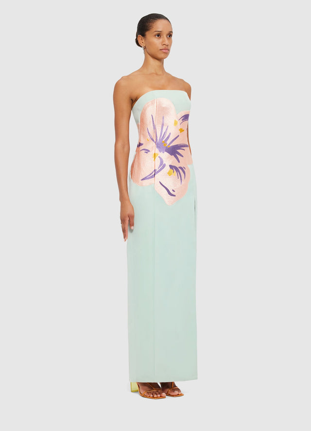 Exclusive Leo Lin Clémence Embroidered Split Maxi Dress in Hibiscus in Pistachio