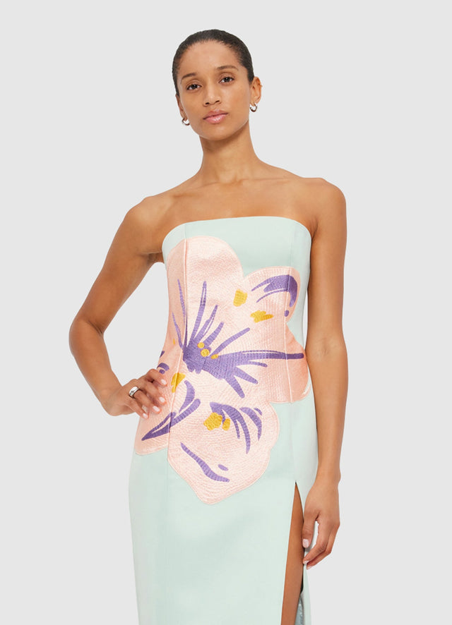 Exclusive Leo Lin Clémence Embroidered Split Maxi Dress in Hibiscus in Pistachio