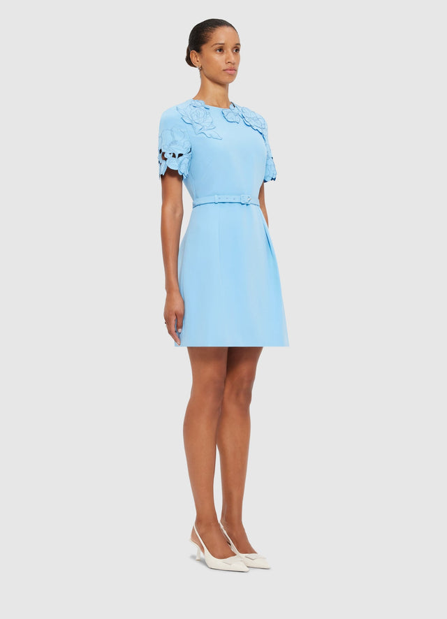 Exclusive LEO LIN Aurélie Appliqué Short Sleeve Mini Dress in Cornflower Blue