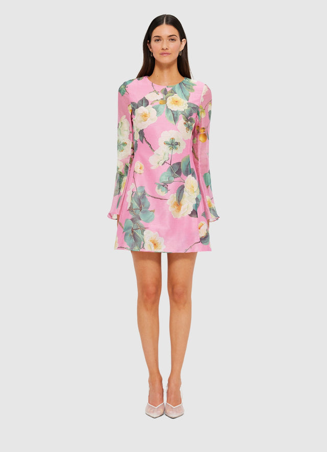 Exclusive Leo Lin Suzanne Bell Sleeve Mini Dress in Camelia Print