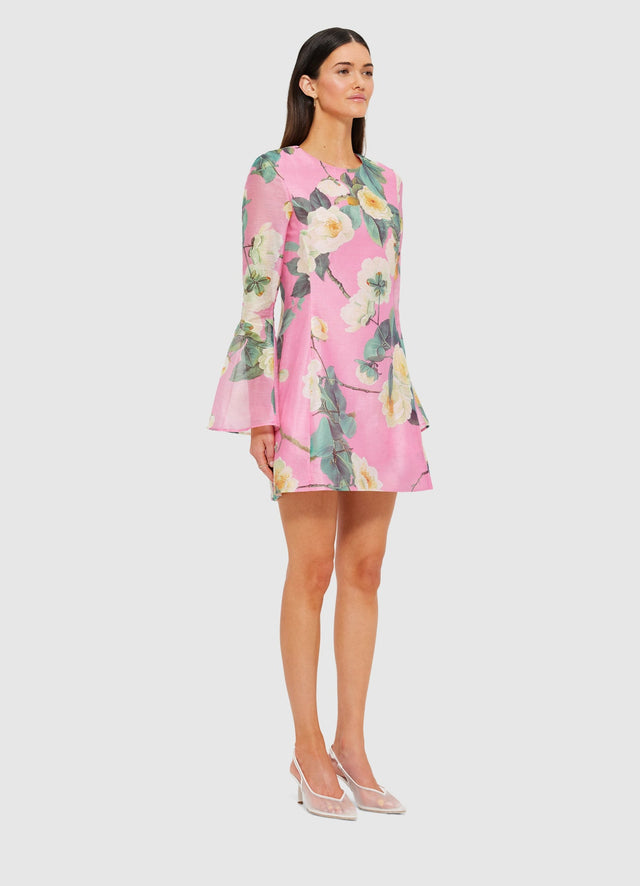 Exclusive Leo Lin Suzanne Bell Sleeve Mini Dress in Camelia Print